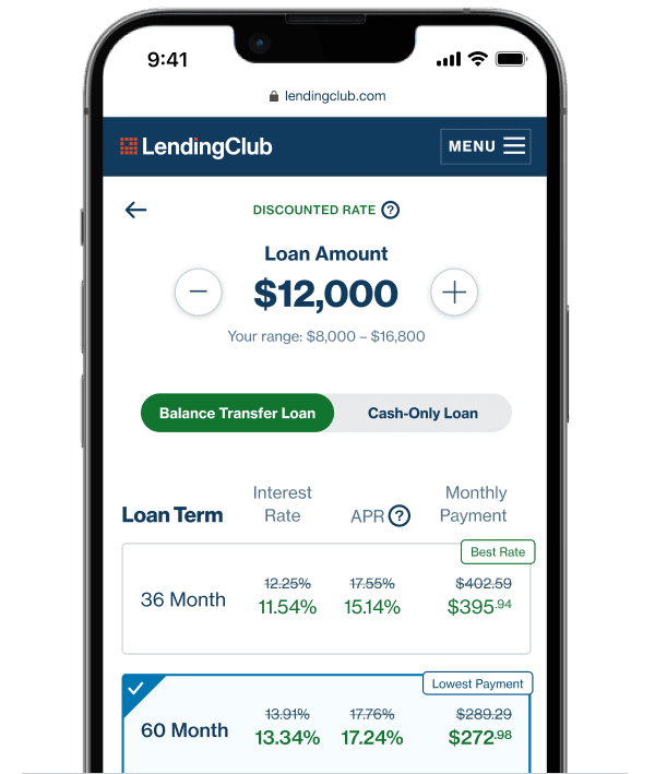 Image of phone viewing the personal loan amount options during application