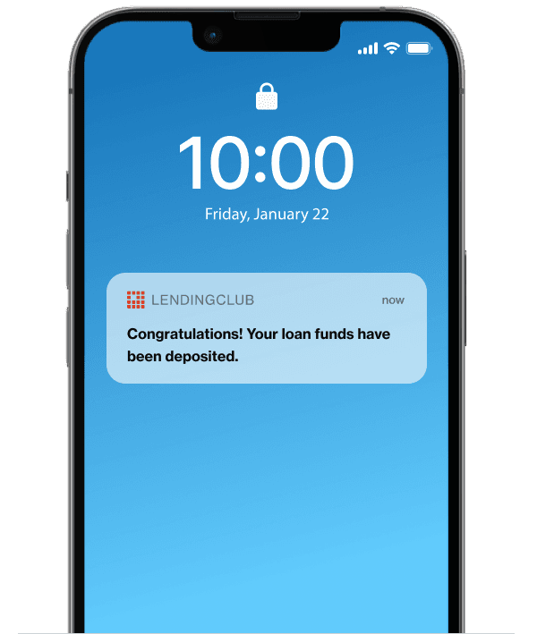 Phone with notification from LendingClub about personal loan