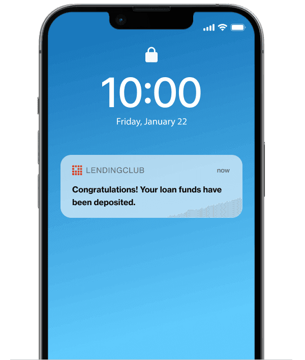 Phone with notification from LendingClub about personal loan